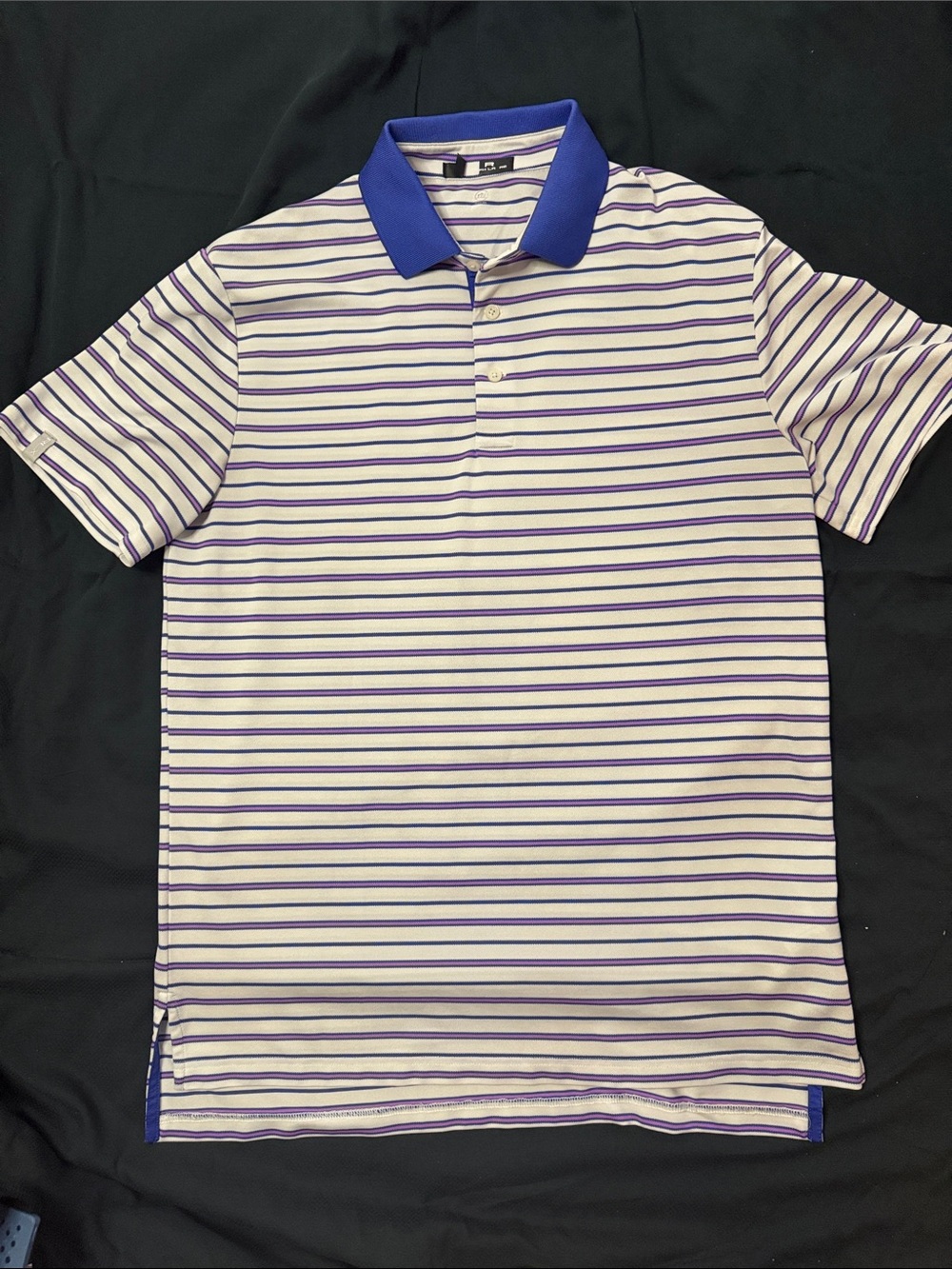 RLX Ralph Lauren White Polo with Purple Stripes and Blue Collar
